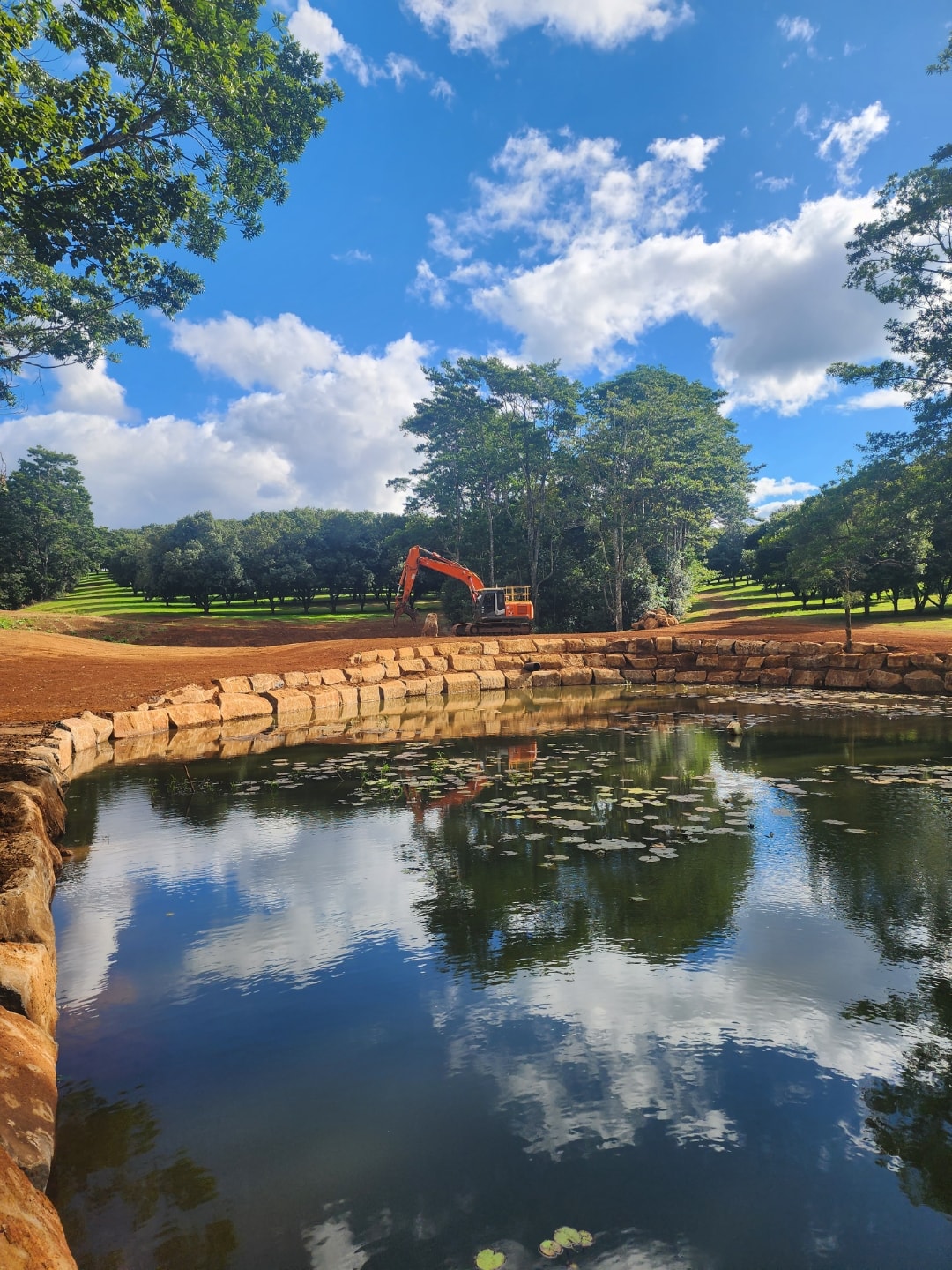 Excavator working beside a landscaped pond